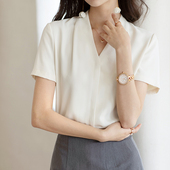 高智气质 高级轻熟V领法式 短袖 OFFIY 职业通勤灰色白色衬衫 女上衣
