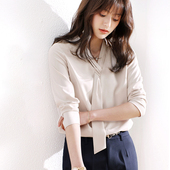 内搭轻熟秋装 OFFIY 衬衣女 雪纺衬衫 西装 高级独特V领新款 职业法式