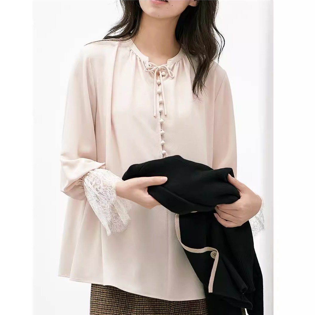 有帆直筒通勤长袖花边袖衬衫