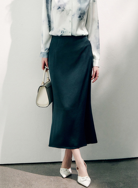 OFFIY-知书达理墨绿色重磅醋酸真丝光泽小鱼尾通勤小个子半身裙