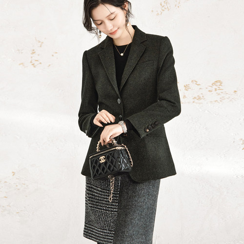 OFFIY高级感复古绿羊毛西装外套