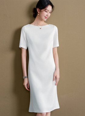 OFFIY-TH经典修身 重磅醋酸春夏通勤白短袖小个子职业商务连衣裙
