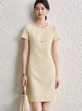 OFFIY-浅春系温柔嫩黄色春日莫兰迪色短袖通勤高级气质连衣裙流行