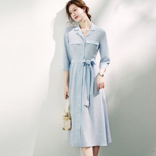 OFFIY-知性干净 雪山冰透蓝 平驳领七分袖气质收腰连衣裙2025新款