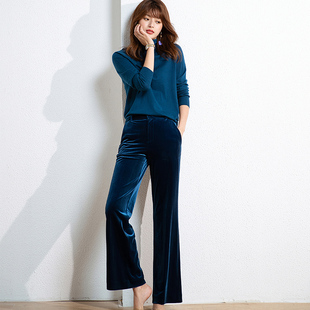OFFIY秒变纸片人瘦腿神器日本客供丝绒垂坠职业直筒小阔腿裤 女蓝