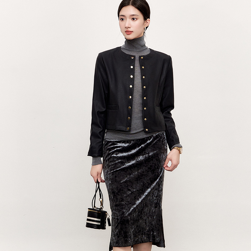 黑色长袖皮衣O高腰短款