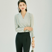面试衬衫 OFFIY元 正装 高级感时髦通勤职业V领长袖 上衣显瘦 气薄荷