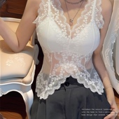 上衣大码 法式 蕾丝蝴蝶美背吊带背心女性感百搭打底衫 内衣女带胸垫