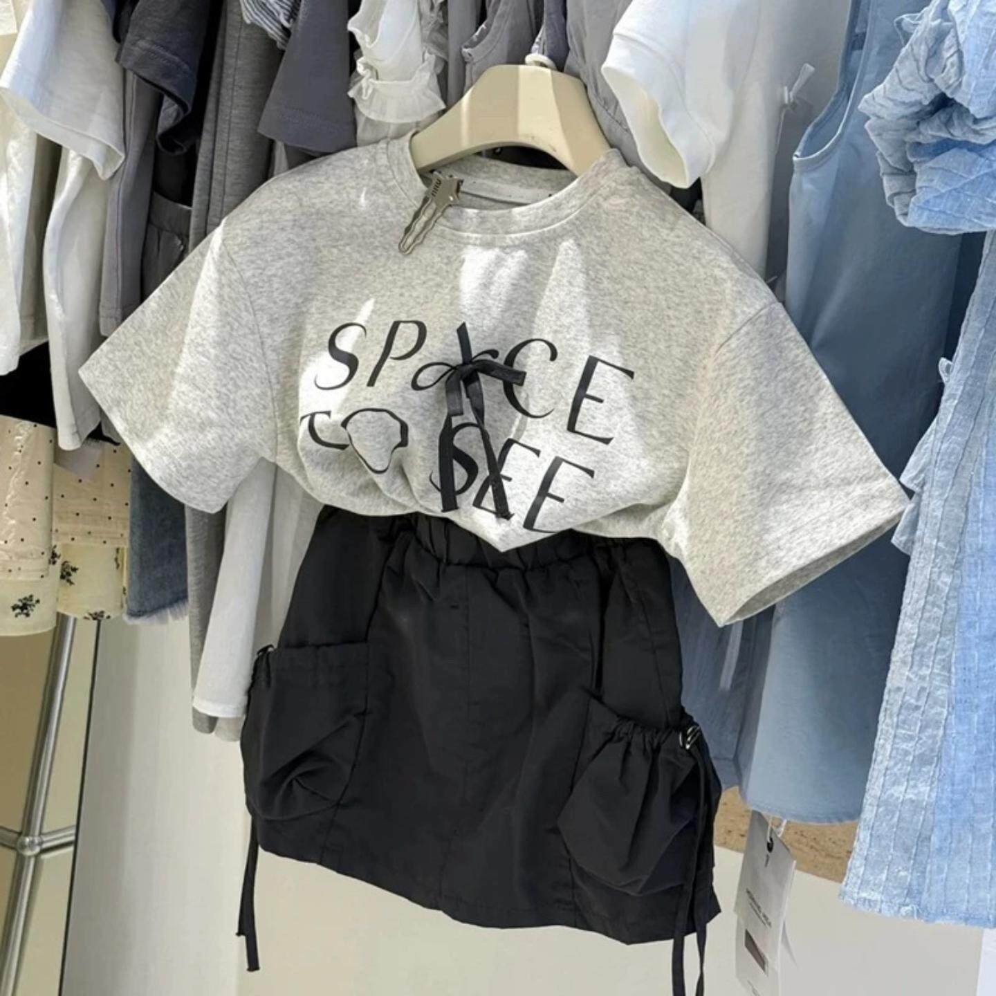 新款女童T恤夏装女孩蝴蝶结字母t休闲短袖上衣洋气儿童工装半身裙