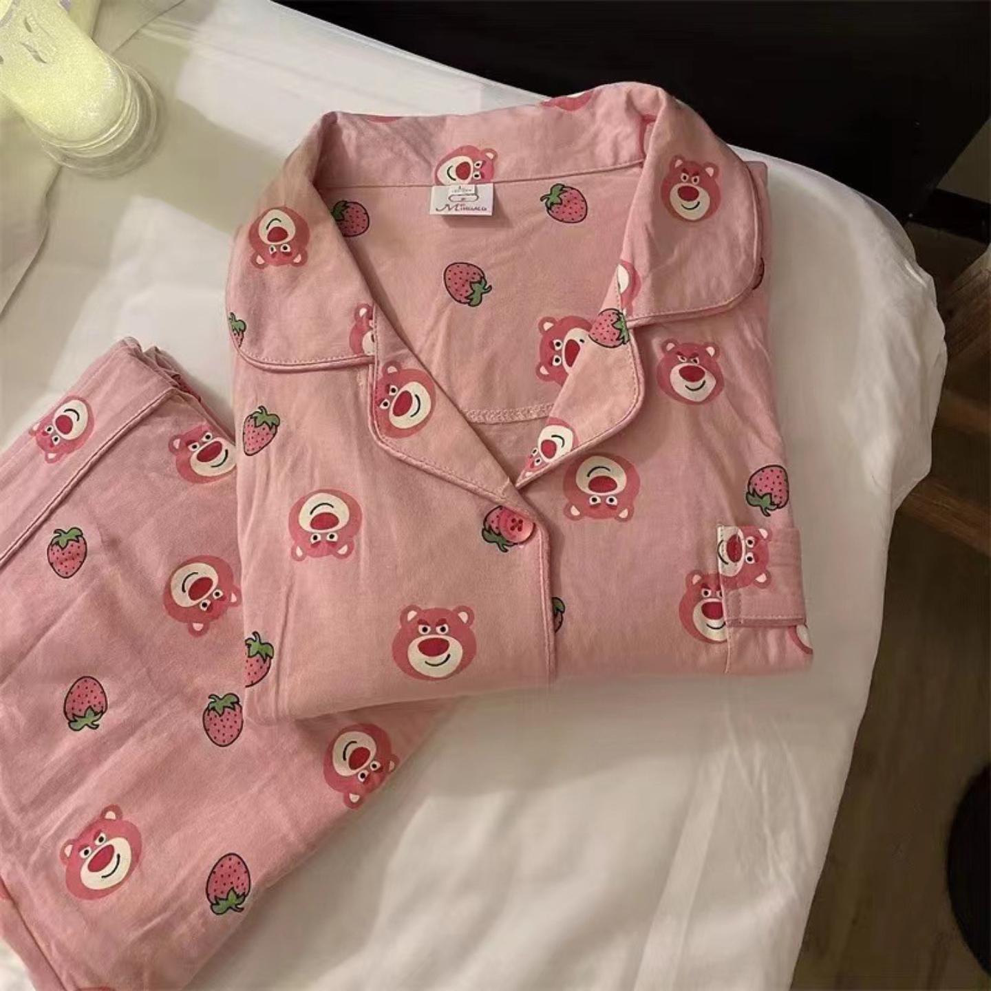 草莓小熊粉色睡衣女春秋冬季宽松可爱卡通长袖长裤家居服两件套装