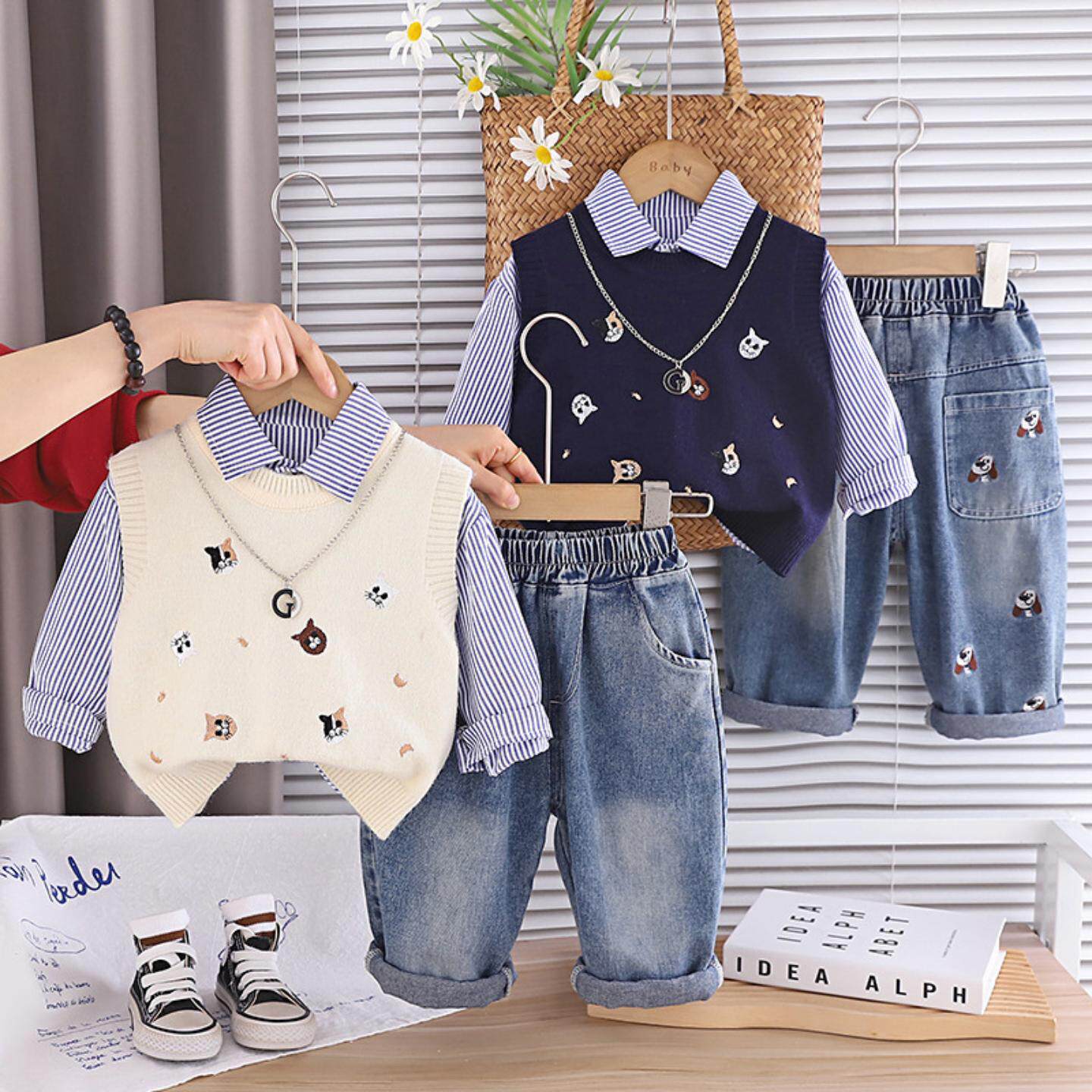 男童春装运动套装1一3岁宝宝春秋季猫猫毛衣马甲三件套婴儿小童装