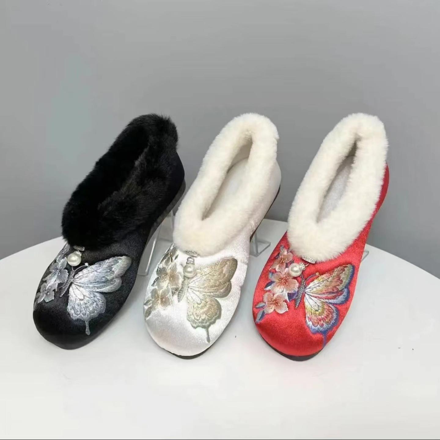 戏蝶棉 刺绣毛口棉鞋蝴蝶花软底防滑居家外出棉鞋汉服鞋317-51棉