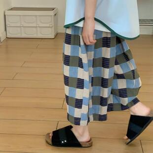 新款男女童格子裤子春夏新款中大童九分宽松裤儿童遛弯休闲阔腿裤