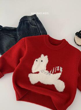 麦宝儿童毛衣2025冬季新款男女通提花小狗针织衫小童圆领红色内搭
