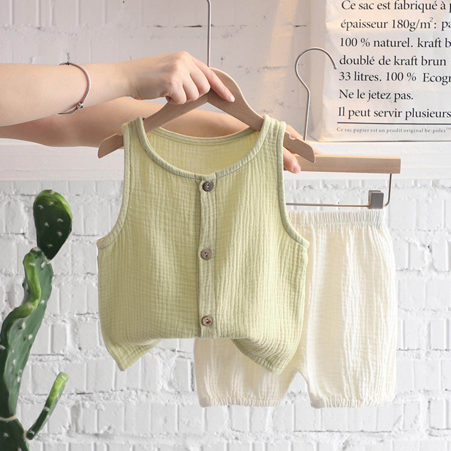 婴儿衣服夏季薄款无袖开衫凉爽棉纱布儿童套装一岁男宝宝女夏装