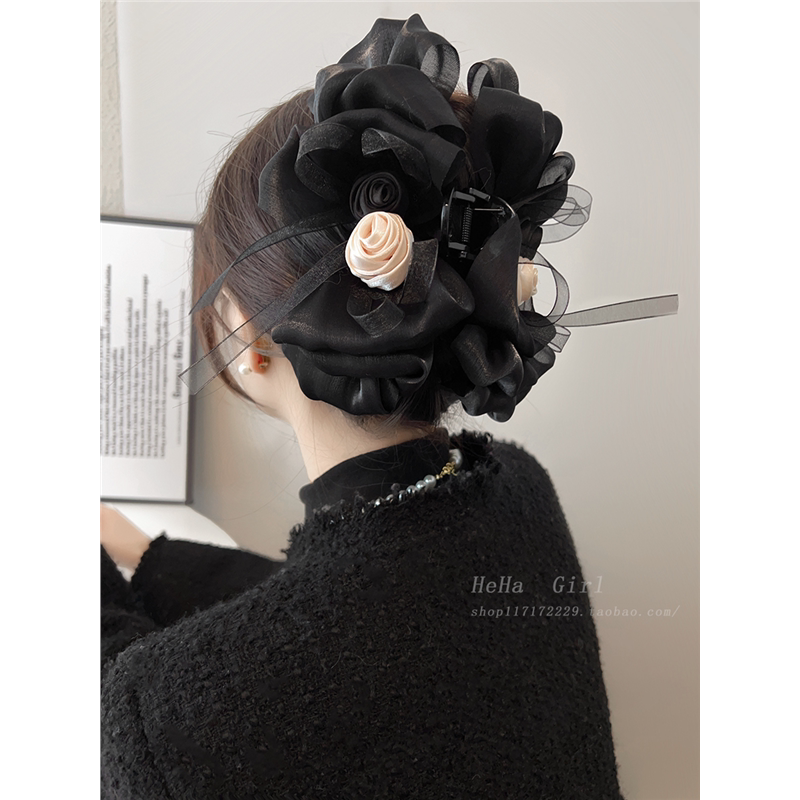黑白玫瑰蝴蝶结大号盘发抓夹后脑勺显发量多蓬松发夹女高端鲨鱼夹