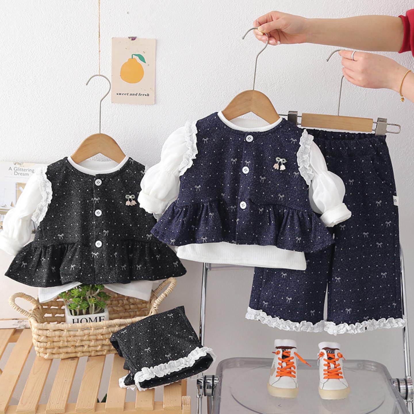 女童春装套装洋气女宝宝春秋季蝴蝶结马甲长袖三件套婴儿童装衣服