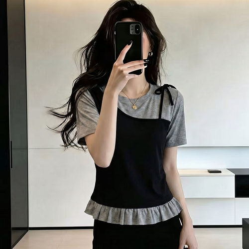 不规则撞色拼接假两件T恤女夏大码胖妹妹韩版气质显瘦荷叶边上衣