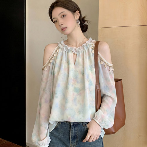 法式露肩碎花雪纺衫女夏季新款宽松洋气减龄百搭上衣露肩上衣女