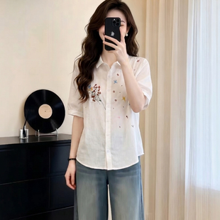 独特设计感polo领大码纽扣衬衫女2026夏季白色胖mm宽松休闲风衬衣
