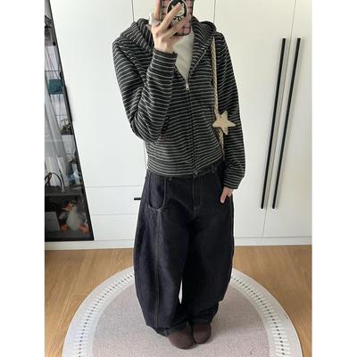 复古风条纹拉链连帽卫衣外