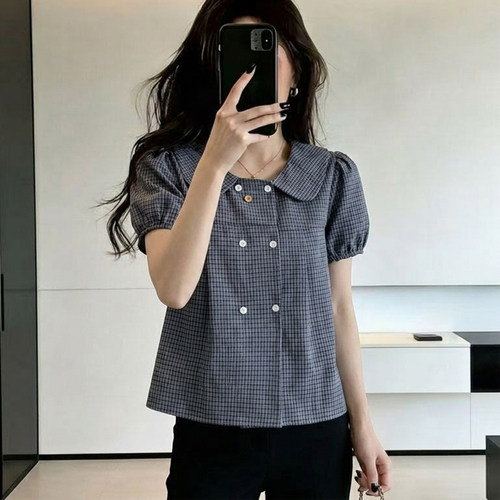 韩系娃娃领泡泡袖小格子衬衫女夏季宽松学院风文艺双排扣日系衬衣