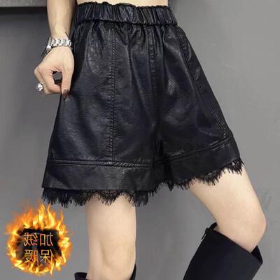 秋冬皮短裤女PU2025蕾丝裤外穿高腰新款阔腿裤黑色小个子宽松裤子