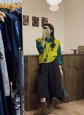 春秋2025年新款韩系时尚穿搭绿色衬衫叠穿针织毛衣马甲两件套装女