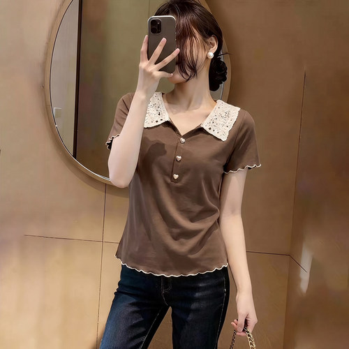 设计感蕾丝拼接翻领短袖T恤女夏新款气质百搭显瘦减龄时尚上衣