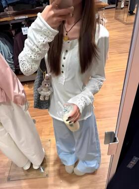 秋季t恤领2025长袖白色新款罩衫早秋女镂空上衣亨利百搭刺绣蕾丝