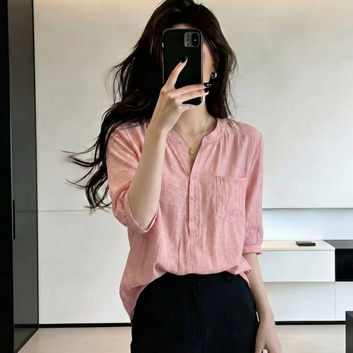 通勤风高级感v领短袖衬衫女夏季新款大码胖mm超好看气质显瘦上衣