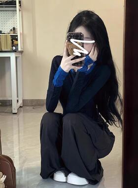 辣妹撞色拼接长袖针织衫女装秋季T恤内搭修身显瘦打底衫正肩上衣