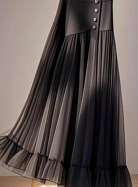 2025新款梨形身材遮胯长裙女装春装日单高腰黑色网纱a字半身裙子