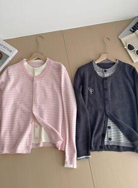 RENA蝴蝶结小刺绣秋季新款休闲百搭假两件条纹毛衣开衫外套女