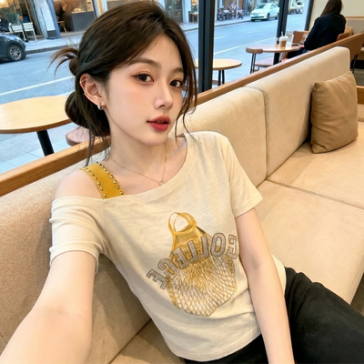 斜肩欧洲站白色短袖t恤女2026新款夏季穿搭高端大牌设计感上衣