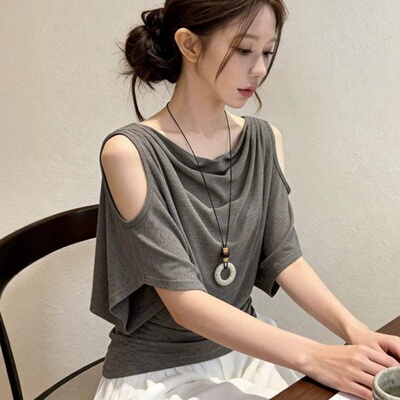 温柔风荡领露肩短袖t恤女2026夏季大码胖mm法式小资独特漂亮上衣