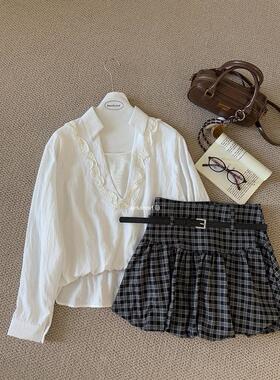 白色翻领长袖衬衫女2025秋新款设计高级感宽松短款假两件上衣外套