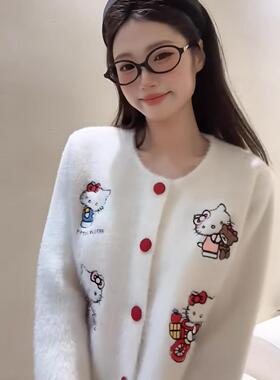 卡通Kitty猫咪甜美气质小香风针织开衫女秋冬季软糯宽松毛衣外套