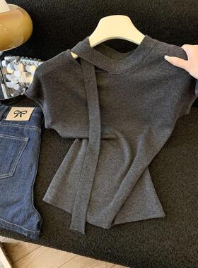 灰色飘带短袖针织衫女早秋新款叠穿设计感修身独特别致打底衫上衣