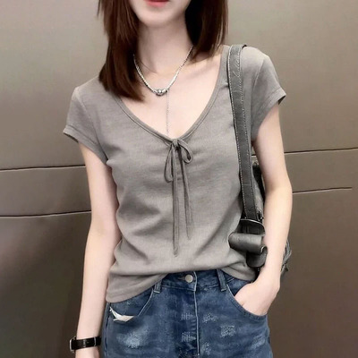 韩系蝴蝶结系带V领短袖T恤女灰色小众百搭显瘦休闲减龄打底衫上衣