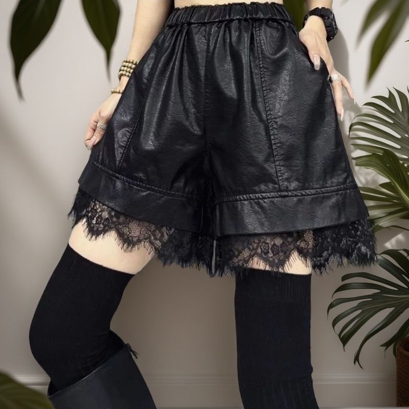 新中式松紧腰打底阔腿皮裤女2025秋冬季新品高级蕾丝拼接休闲短裤