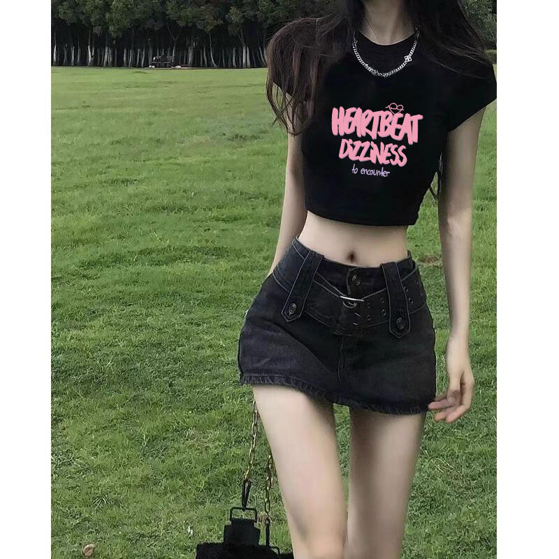 黑色辣妹纯棉正肩短袖t恤女2025年新款夏季法式甜辣修身潮牌上衣