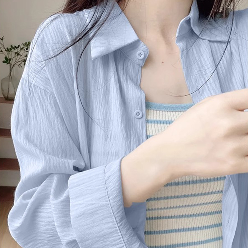 蓝色长袖衬衫外套女夏季2025新款薄款宽松慵懒风休闲防晒衬衣上衣