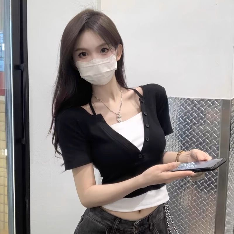 辣妹挂脖假两件t恤女短袖