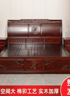 义仁阁新中式老榆木1.8米抽屉床纯全实木双人床主卧室木床高箱床