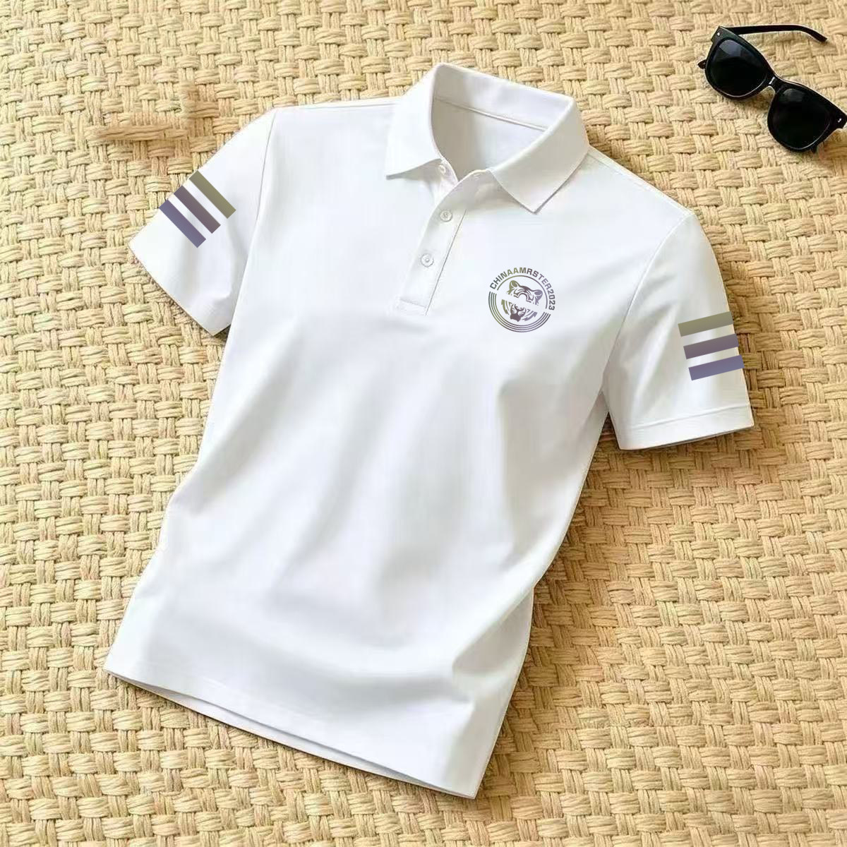 2026夏季新款翻领POLO衫男短袖休闲商务三条杠复古港风印花上衣爆