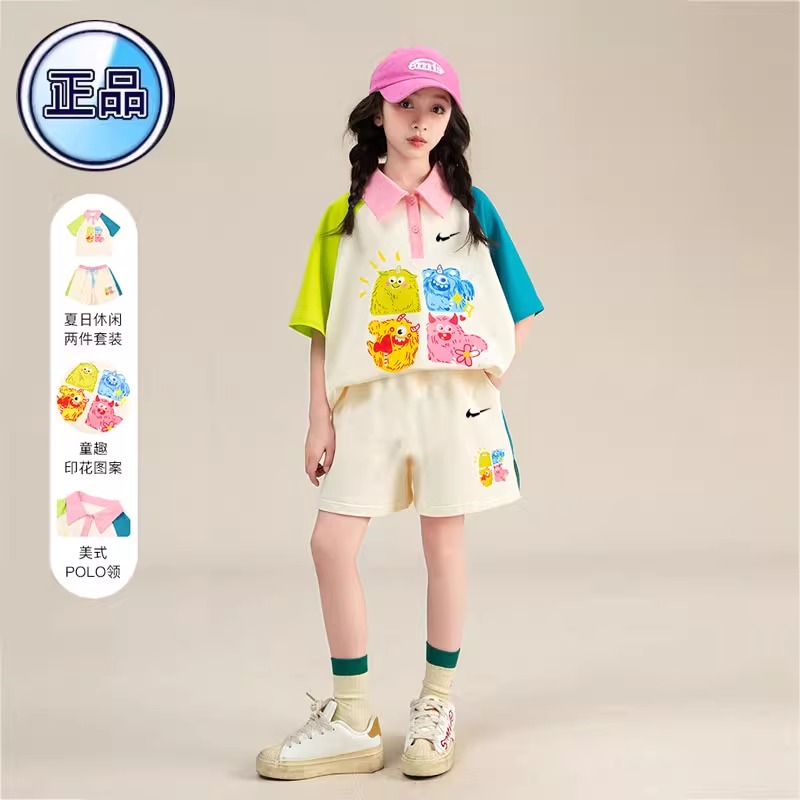 官方正品NK女童t恤夏季短袖套装纯棉polo衫女孩大童夏装2025童装