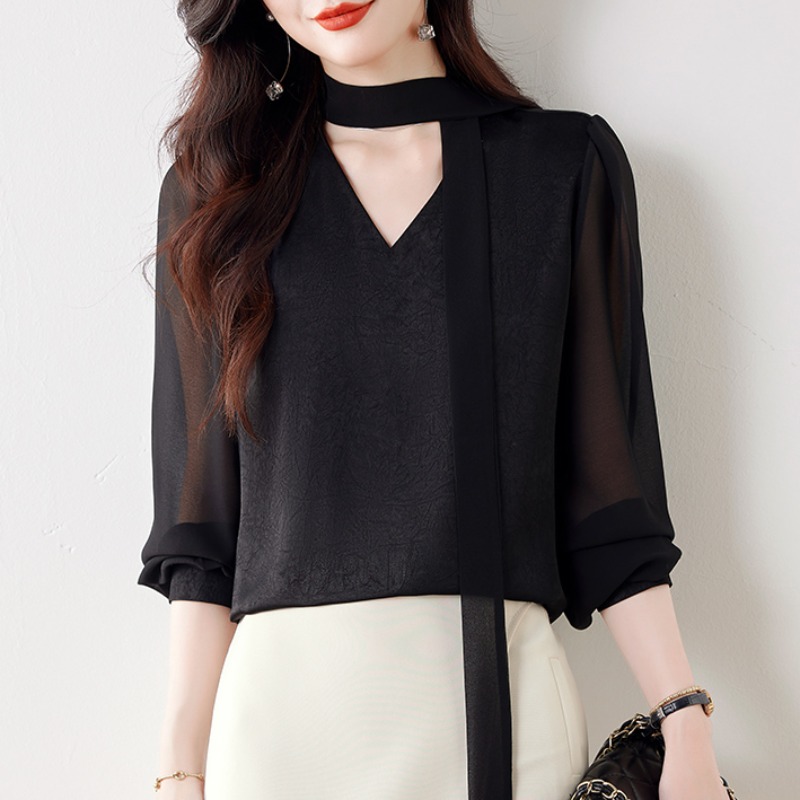 真丝飘带V领长袖衬衣女