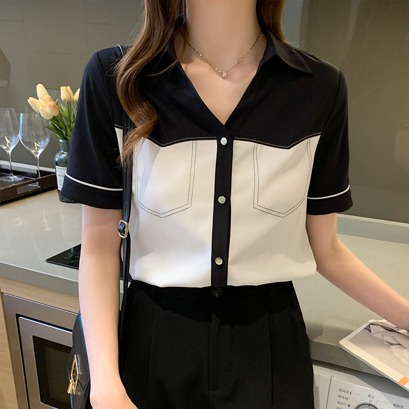 黑白港味衬衫女显瘦撞色上衣