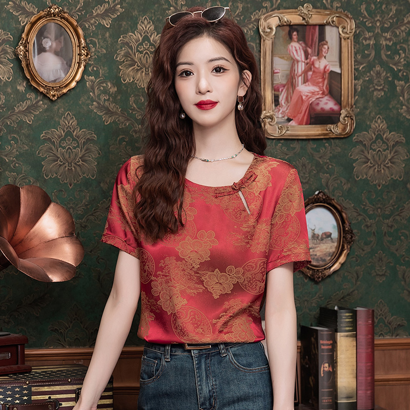 国风短袖t恤女时尚复古提花T恤衫